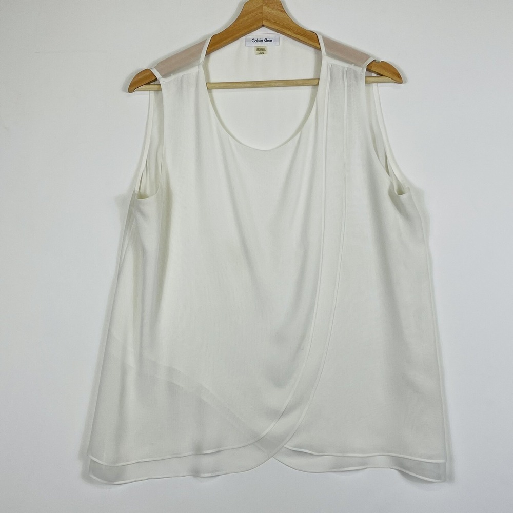 Calvin Klein Blouse Top Womens Large Ivory Wrap Front Sheer Coastal Minimalist
